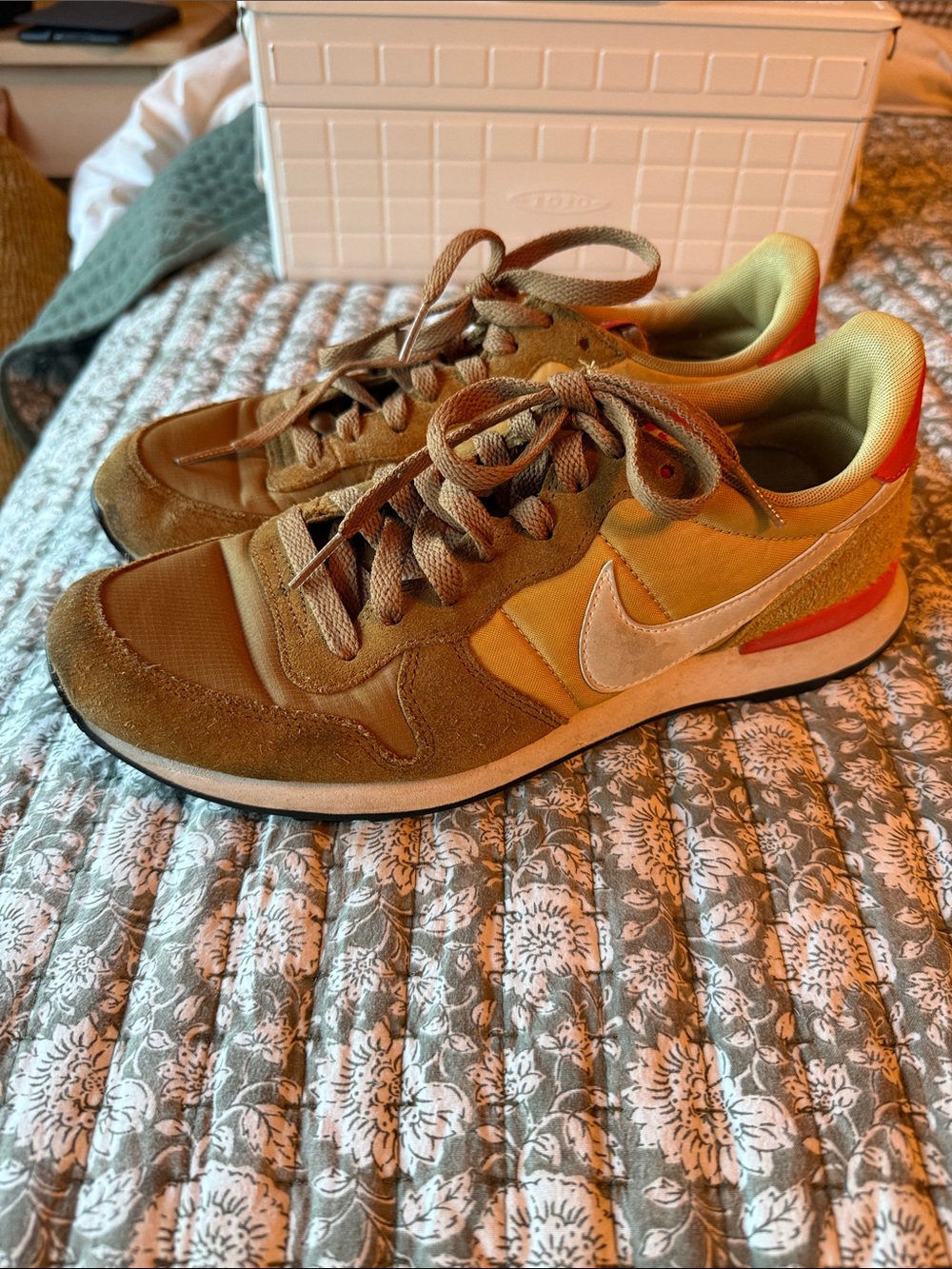 Nike Mustard Yellow Suede Runner with Bright Red Heel Accent